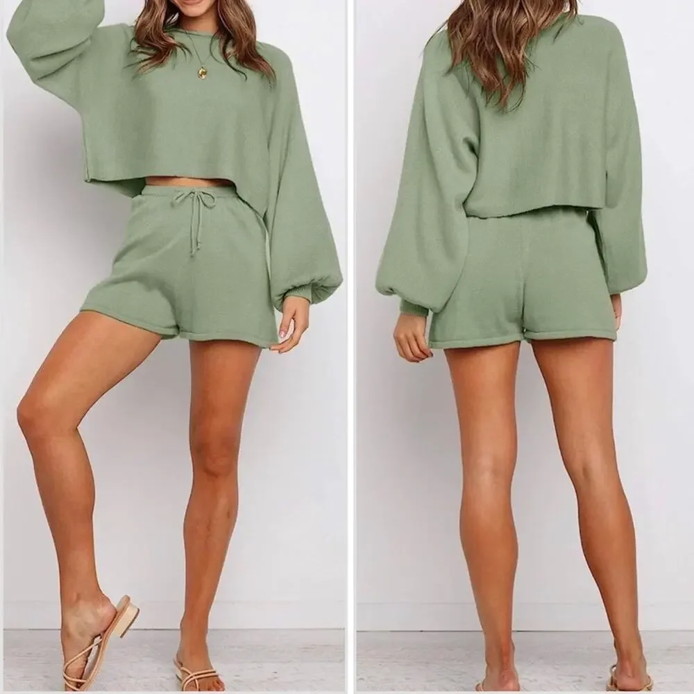 NEW ZESICA Sage Green Crop Bubble Long Sleeve Sweater Tie Pockets Shorts Set M - Picture 12 of 12